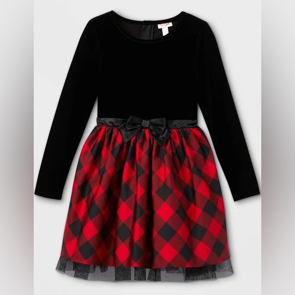 Girls Velour Buffalo Check Long Sleeve Dress Red/Black - Picture 1 of 5
